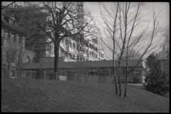 Pavillon des prématurés: vue extérieure de la façade ouest. A l'extrême gauche, une partie de la vlinique infantile et, à droite, le bâtiment de la gynécologie-obstérique.