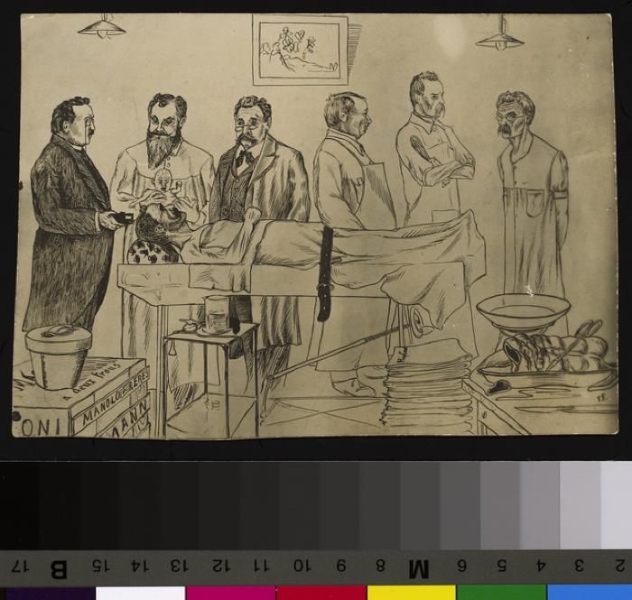 Reproduction d'une caricature de médecins et de chirurgiens qui se livrent à un combat autour du nouveau traitement de l'appendicite. Cette question oppose notamment le professeur Louis Bourget (3e depuis la droite, de profil) au professeur César Roux …