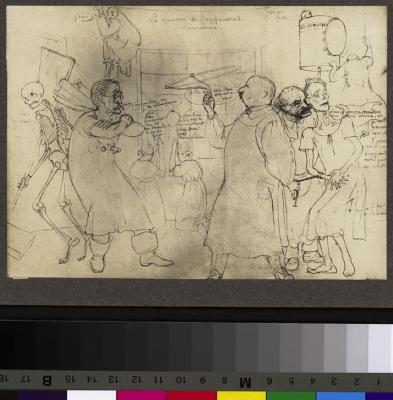 Reproduction d'une caricature de médecins et de chirurgiens qui se livrent à un combat autour du nouveau traitement de l'appendicite. Cette question oppose notamment le professeur Louis Bourget (au centre, à droite de l'image) au professeur César Roux …