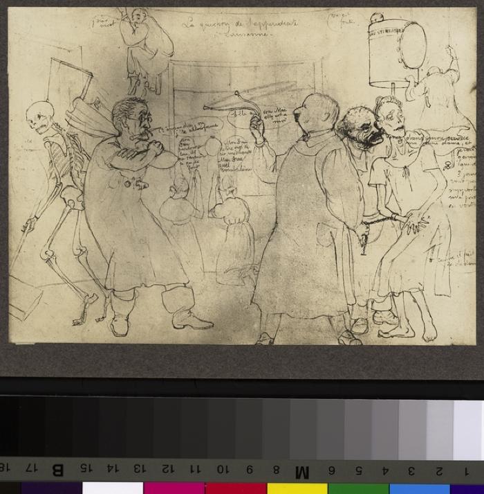 Reproduction d'une caricature de médecins et de chirurgiens qui se livrent à un combat autour du nouveau traitement de l'appendicite. Cette question oppose notamment le professeur Louis Bourget (au centre, à droite de l'image) au professeur César Roux …