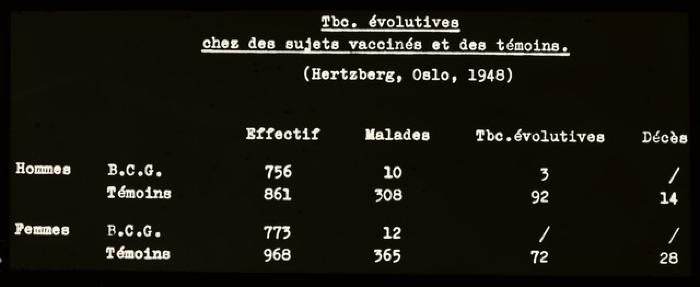Santé publique: lutte contre la tuberculose, document médical, statistiques. Sujets vaccinés/témoins (Hertzberg, Oslo, 1948).