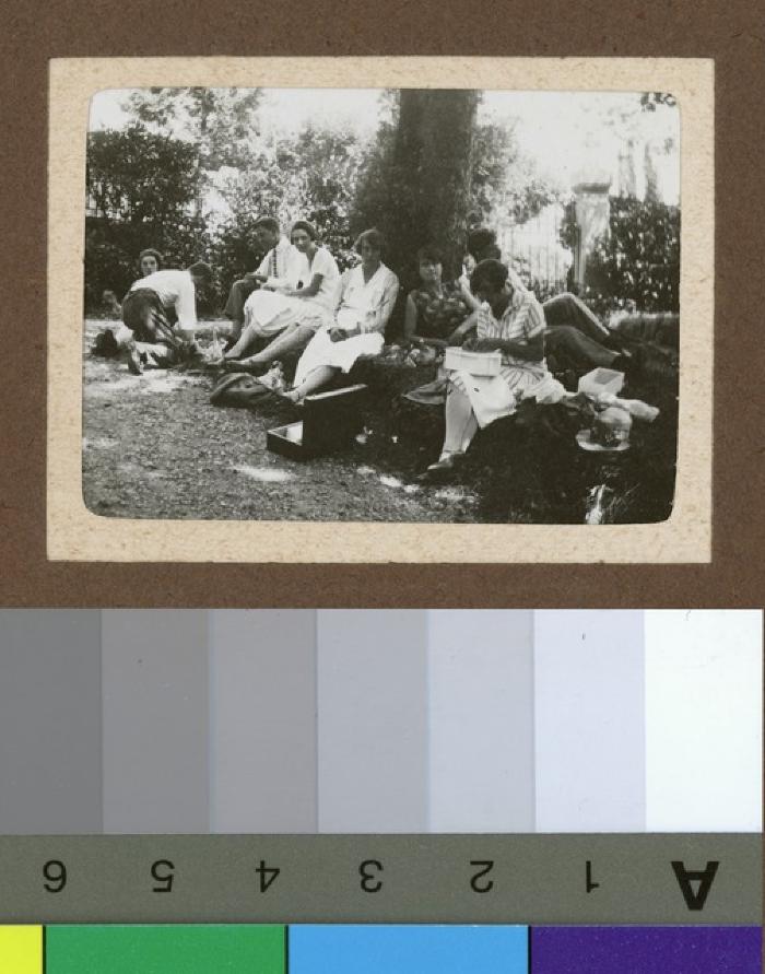 Groupe de jeunes gens pique-niquant dans un jardin.