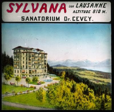 Affiche pour le sanatorium Sylvana. Dessin montrant le bâtiment et les jardins.