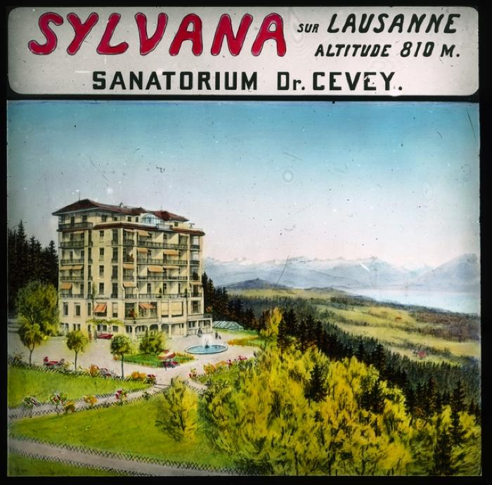 Affiche pour le sanatorium Sylvana. Dessin montrant le bâtiment et les jardins.