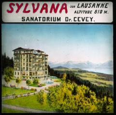 Affiche pour le sanatorium Sylvana. Dessin montrant le bâtiment et les jardins.