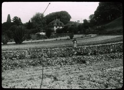 Asile de Cery, vue extérieure sur les champs et les jardins.