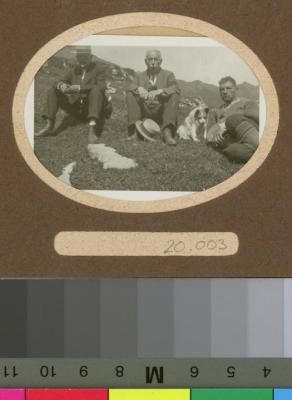 Portrait de trois hommes en excursion à la montagne.