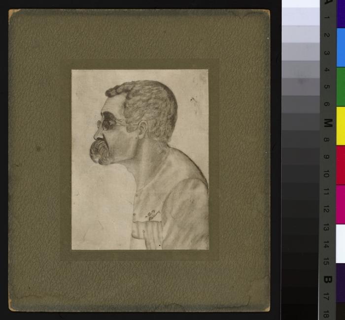 Reproduction photographique d'un portrait dessiné du Prof. Dr. César Roux. Il est représenté de profil, moustache touffue, lunettes, blouse.