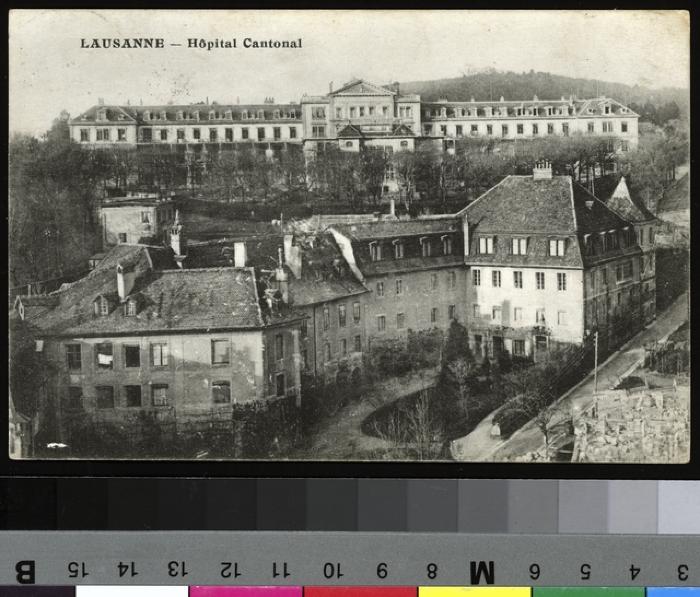 Vue sur les bâtiments de l'Institut agricole de Champ-de-l'Air, avec leurs jardins arborisés. En arrière plan, le front sud de l'hôpital cantonal, avec au centre l'annexe chirurgicale.