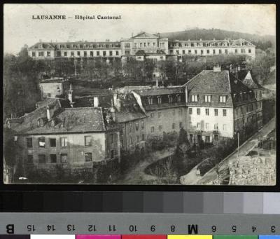 Vue sur les bâtiments de l'Institut agricole de Champ-de-l'Air, avec leurs jardins arborisés. En arrière plan, le front sud de l'hôpital cantonal, avec au centre l'annexe chirurgicale.