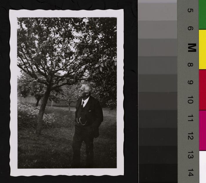 Portrait du Prof. Dr. César Roux âgé, se promenant au milieu d'un verger avec des arbres en fleurs.