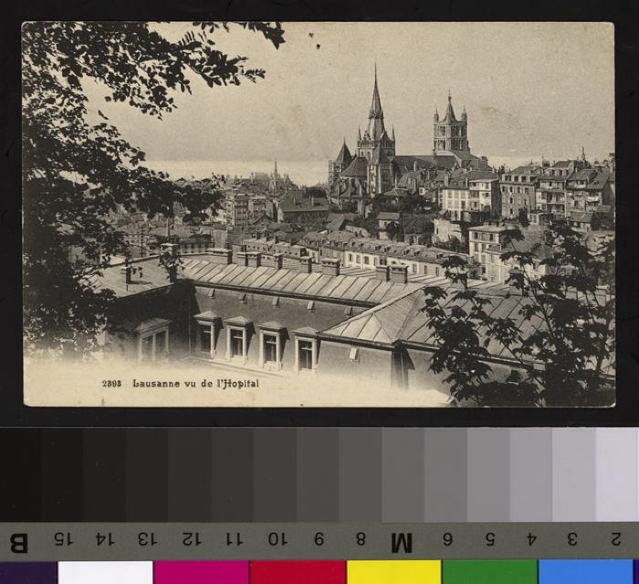 Vue sur le quartier de la cité depuis le nord-est. Au premier plan, on aperçoit le toit de l'Hôpital cantonal. A l'arrière plan s'élève la cathédrale avec le lac derrière. A gauche ressort le clocher de Saint-François.